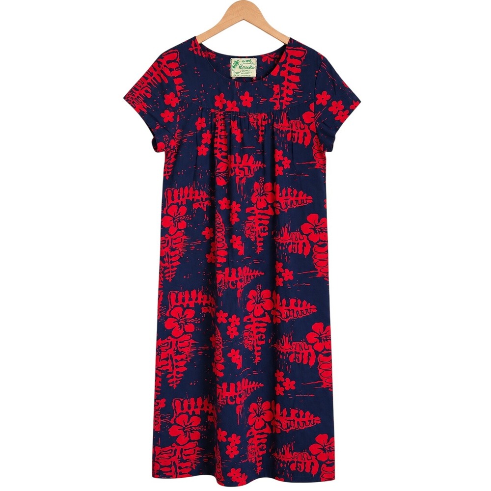 Vintage Ui-Maikai Hawaiian Muumuu Dress Womens Size L/XL Navy Red Floral Cottoni